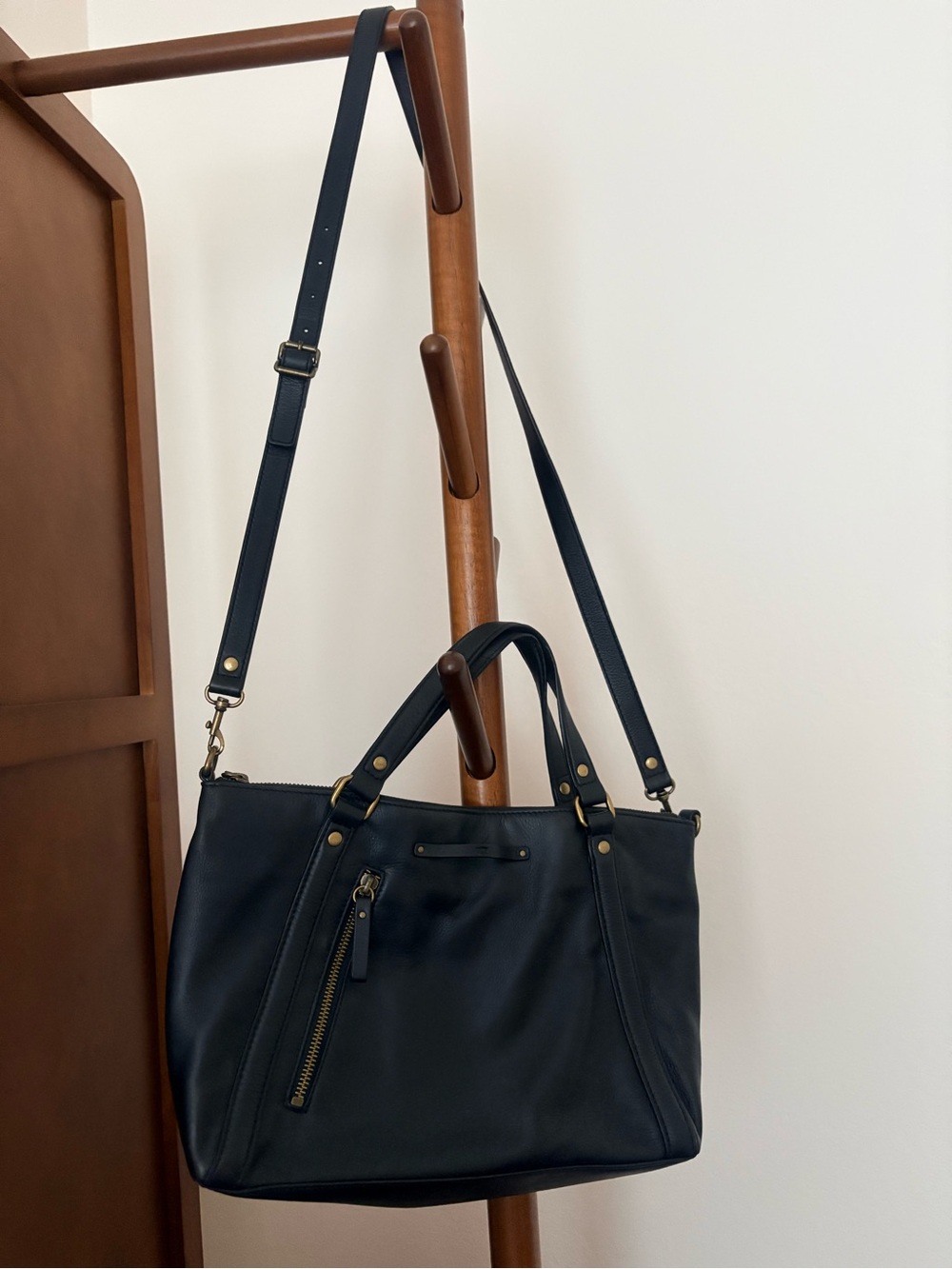 UGG Navy Leather Crossbody Tote with Gold Hardware